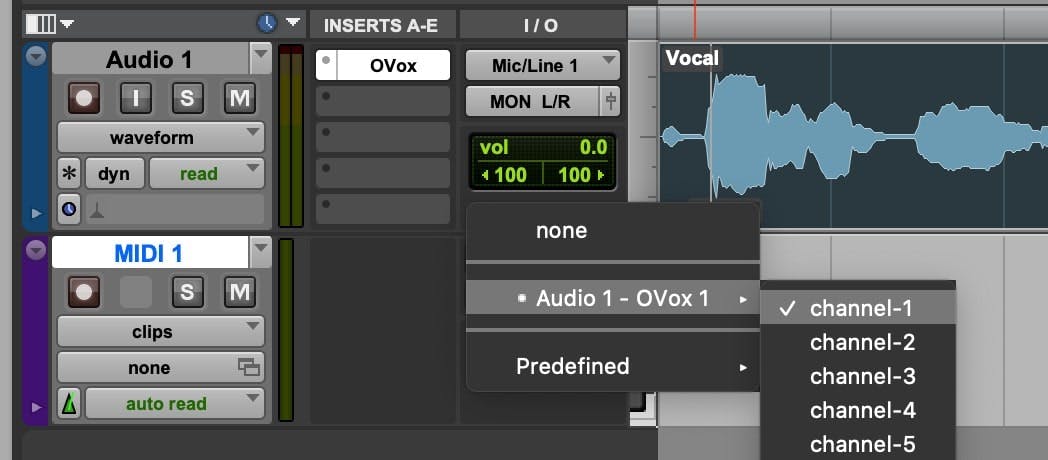 Create a new MIDI track and assign its output to the audio track. Select a MIDI channel in the list.