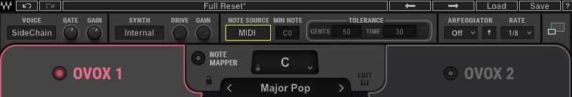 In OVox, make sure ‘Note Source’ is set to Auto or MIDI.