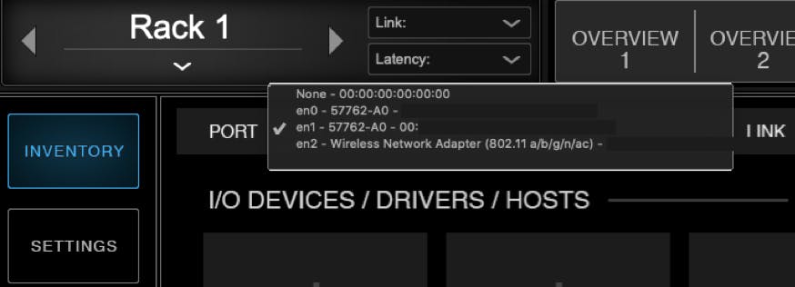 SoundGrid network port selection in the SuperRack SoundGrid Setup Inventory page