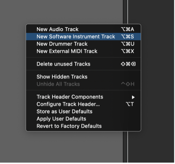 Create a ‘New Software Instrument Track’