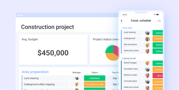 Construction project dashboard and a construction schedule board shown in the mobile app