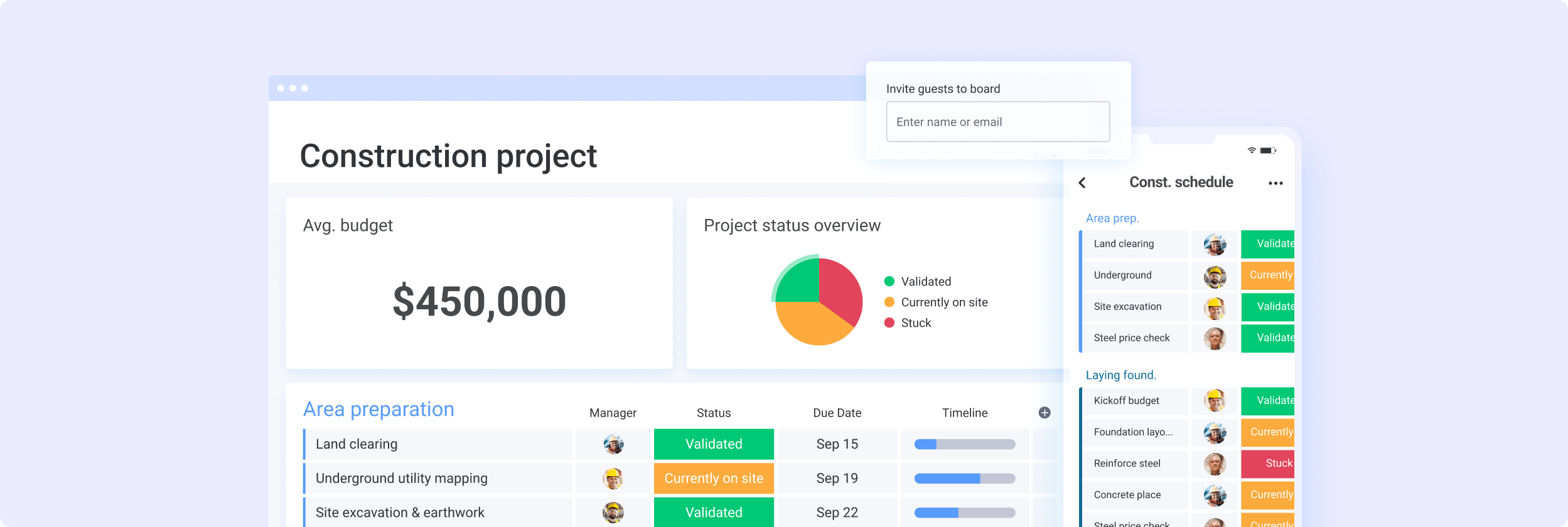 Construction project dashboard and a construction schedule board shown in the mobile app