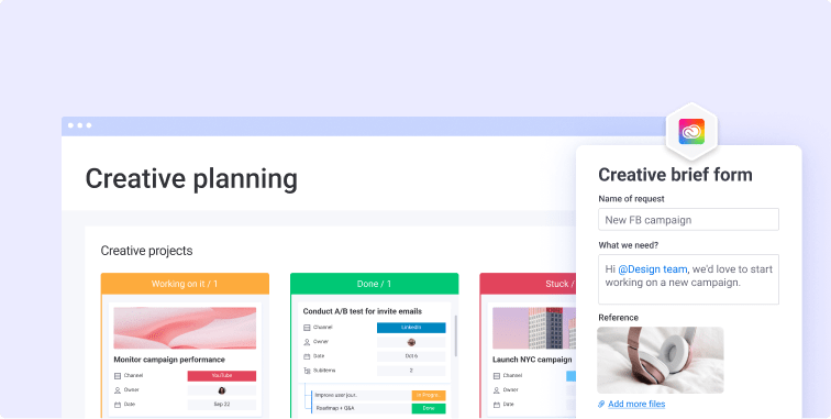 Creative projects kanban, creative brief form request form and a user update with teammate's reply